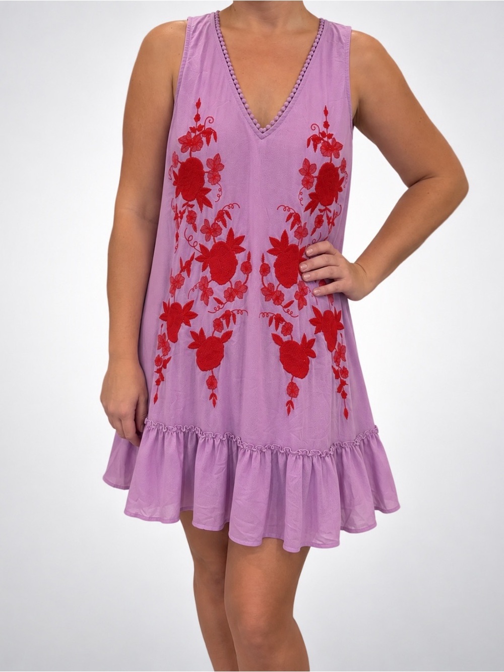 Entro Lavender Dress with Red Floral Embroidery, Size S